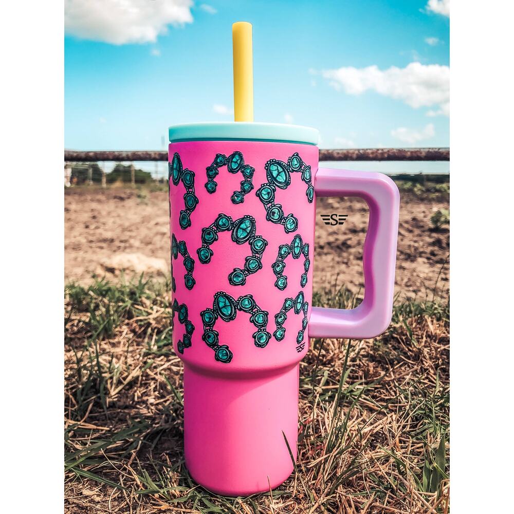 Hot Pink Turquoise Squash Blossom Western 24oz Stainless Steel Tumbler Cup